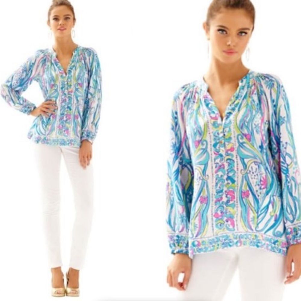 Lilly Pulitzer Long Story Silk Elsa Top Size XS